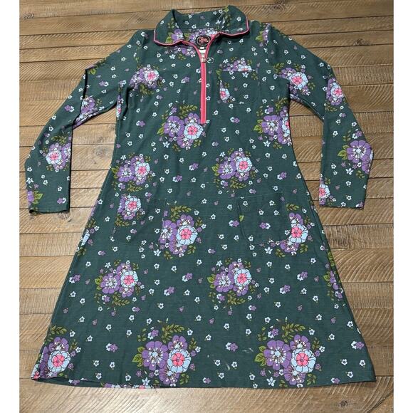 Tante Betsy Green/Purple/Fuchsia Floral Print Long Sleeve 1/4 Zip Dress - Size L - Picture 2 of 8
